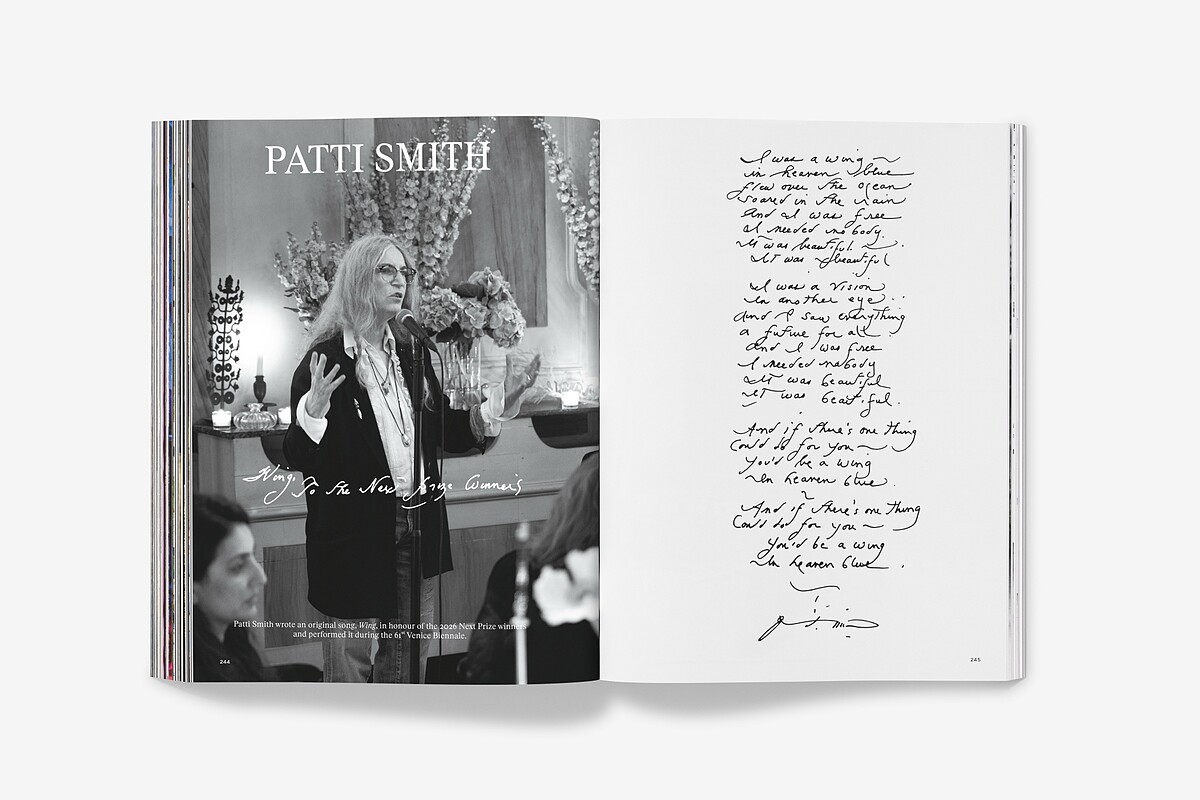 Patti Smith's handwritten lyrics for Wing in the ARTS & CULTURE Vol.2 magazine. Patti Smith wrote an original song, Wing, in honour of the 2026 CHANEL Next Prize winners and performed it during the 61st Venice Biennale./Copyright CHANEL, Copyright Patti Smith