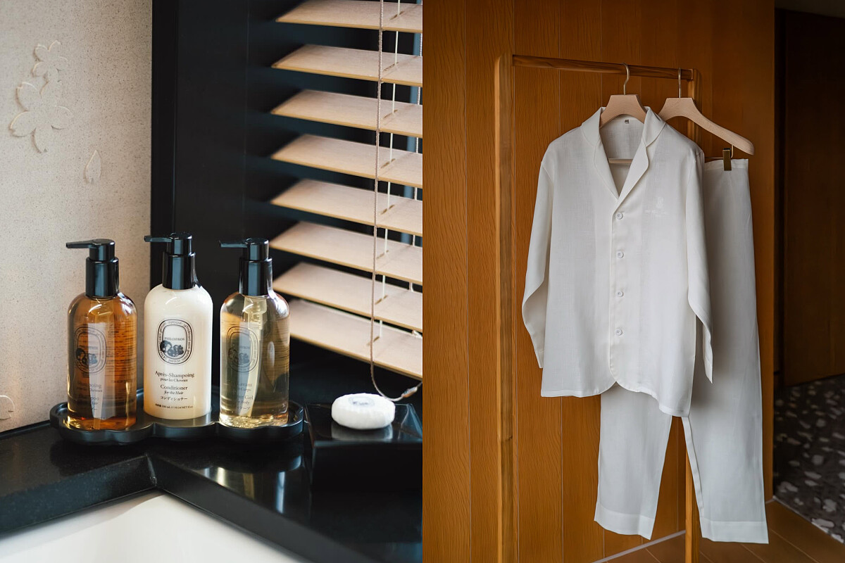 使用Diptyque 香氛洗沐備品、觸感細緻親膚的房內休閒居家服。