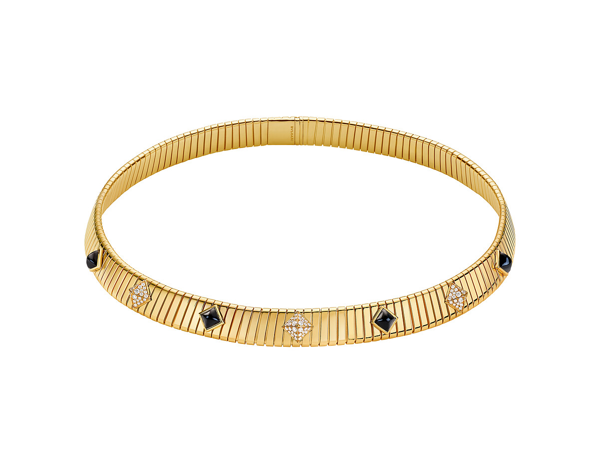 BVLGARI TUBOGAS系列 黃金縞瑪瑙鑲鑽鉚釘頸鍊 (361766)