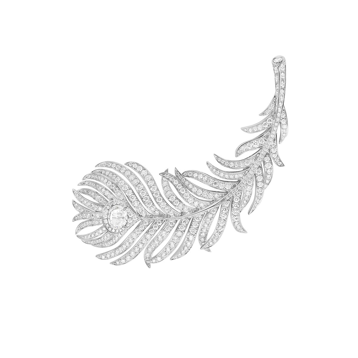 BOUCHERON高級珠寶系列Plume de Paon孔雀羽毛胸針白金750材質、鑲嵌鑽石 台幣參考價格NTD 1,930,000