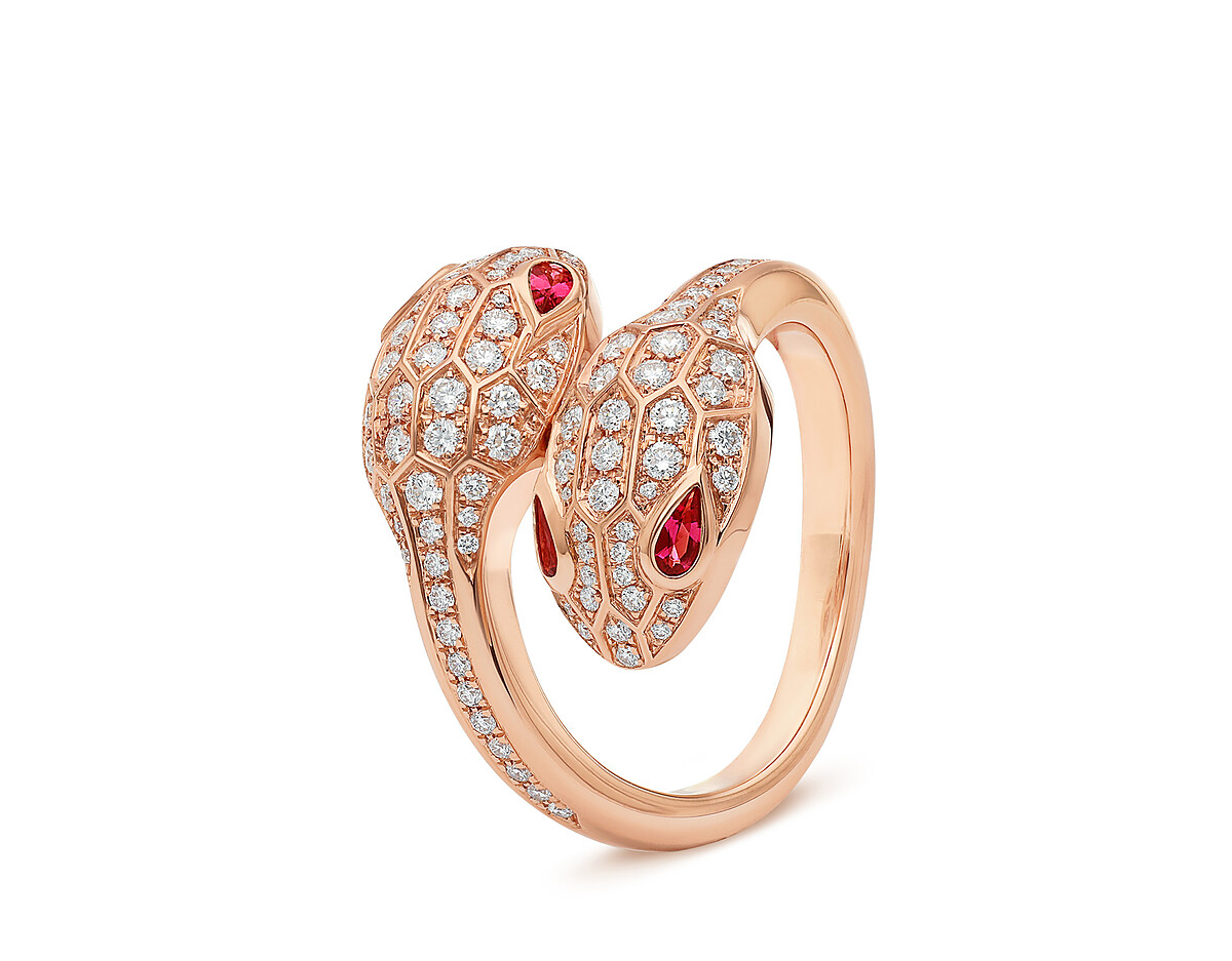 BVLGARI SERPENTI系列 玫瑰金雙蛇頭紅碧璽鑲鑽戒指 (358090)