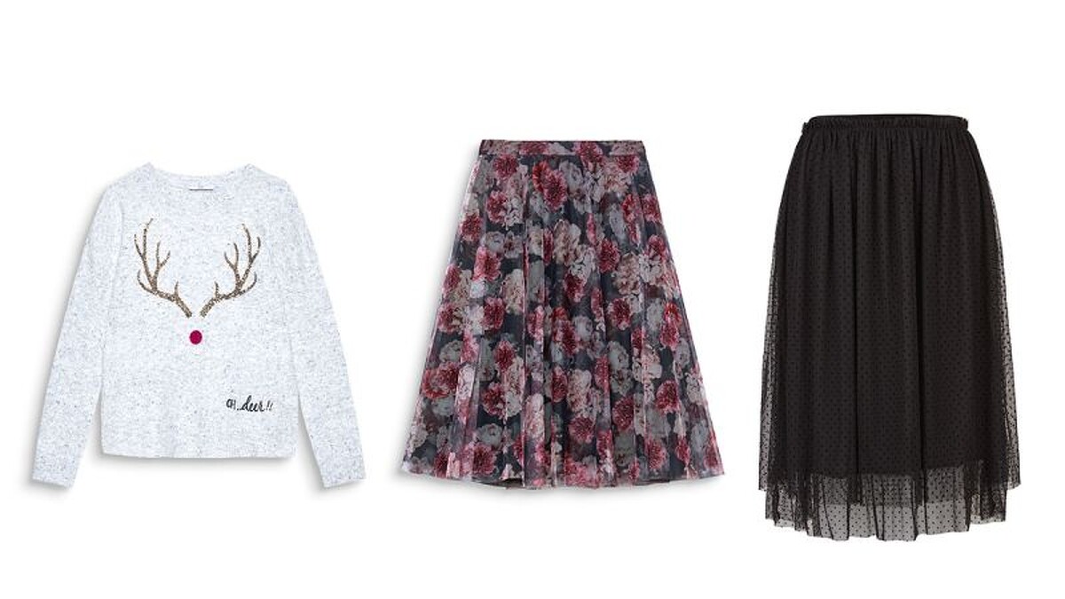 (左)聖誕風毛衣 NT2490 / (中)花朵紗裙 NT2990 / (右)圓點紗裙 NT1990