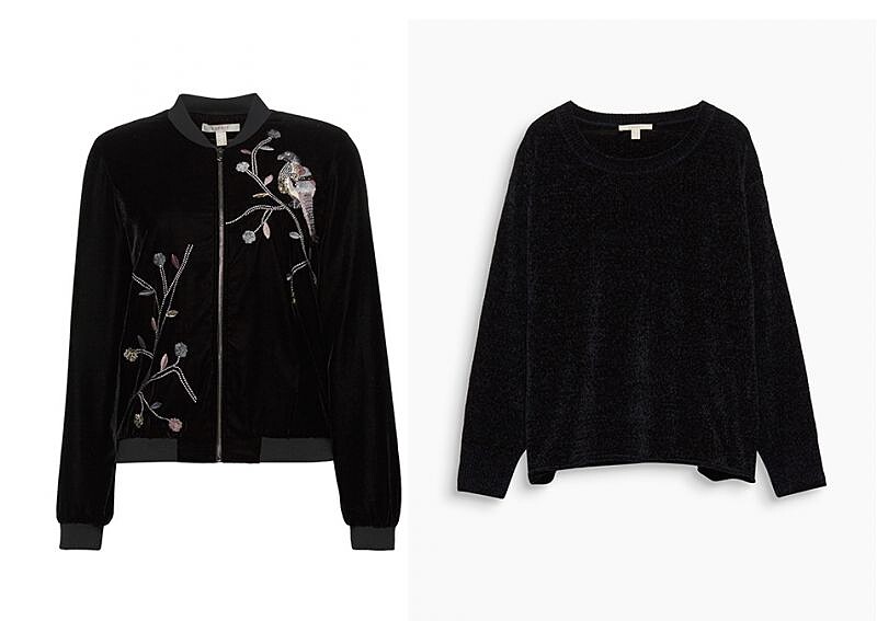 (左)鏽花天鵝絨外套 NT3990 / (右)天鵝絨寬版上衣 NT2490