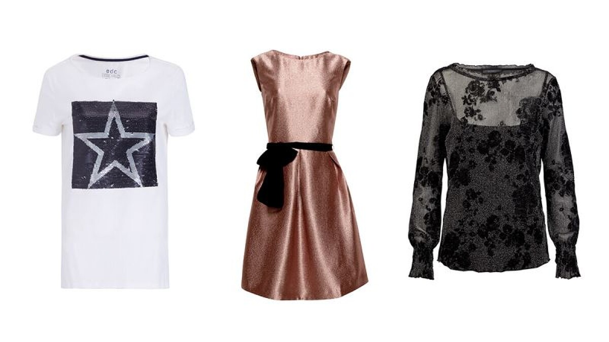 (左)亮片Tee NT1290 / (中)金屬光澤洋裝 NT3690 / (右)金蔥繡花上衣 NT1890