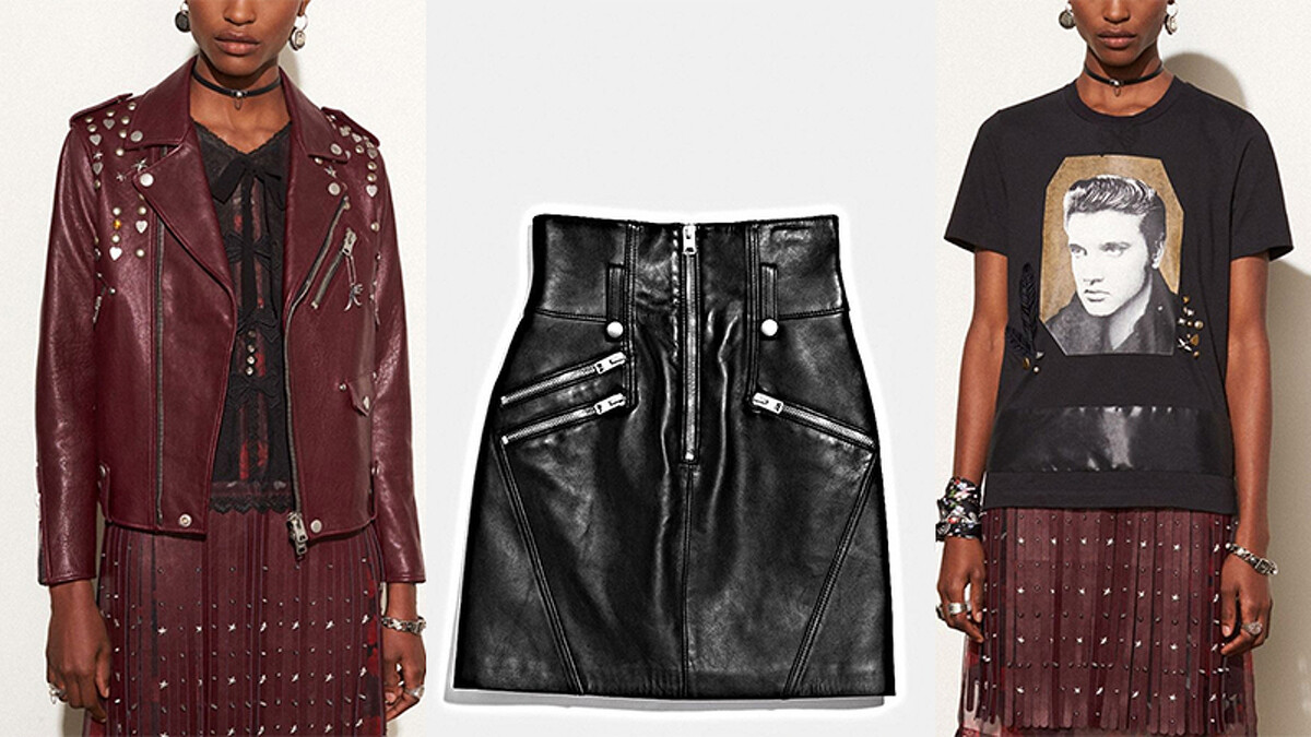 鉚釘騎士皮夾克NT59,800，高腰皮短裙NT29,800，Elvis圖像上衣NT9,900。