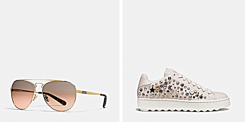 金屬框飛行員墨鏡NT6,300、鉚釘裝飾休閒鞋NT15,800。