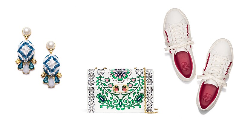 由左至右：Tory Burch春夏新品大耳環、GEMINI LINK花園圖案鍊條單肩包、荷葉邊小白鞋