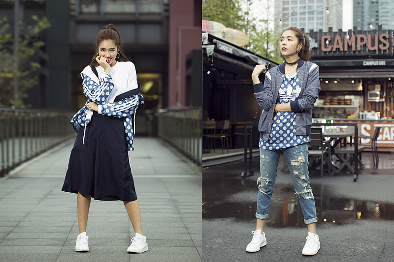 左圖:藍色連帽外套,NT$3,490/ 內搭白色圓點T-Shirt,NTD $1,690/ 吊帶寬褲,NTD $2,890 右圖:棒球外套,NTD $3,290 / 藍色圓點長板背心,NTD $1,490/ 金色Stan Smith,NT$3,290;以上皆為adidas Originals (破壞感牛仔褲,編輯個人私物)