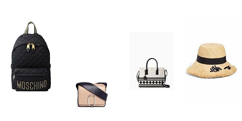 由左至右：MOSCHINO後背包、3.1 PHILLIP LIM ALIX肩背包、KATE SPADE黑白款手提包、眨眼草帽。