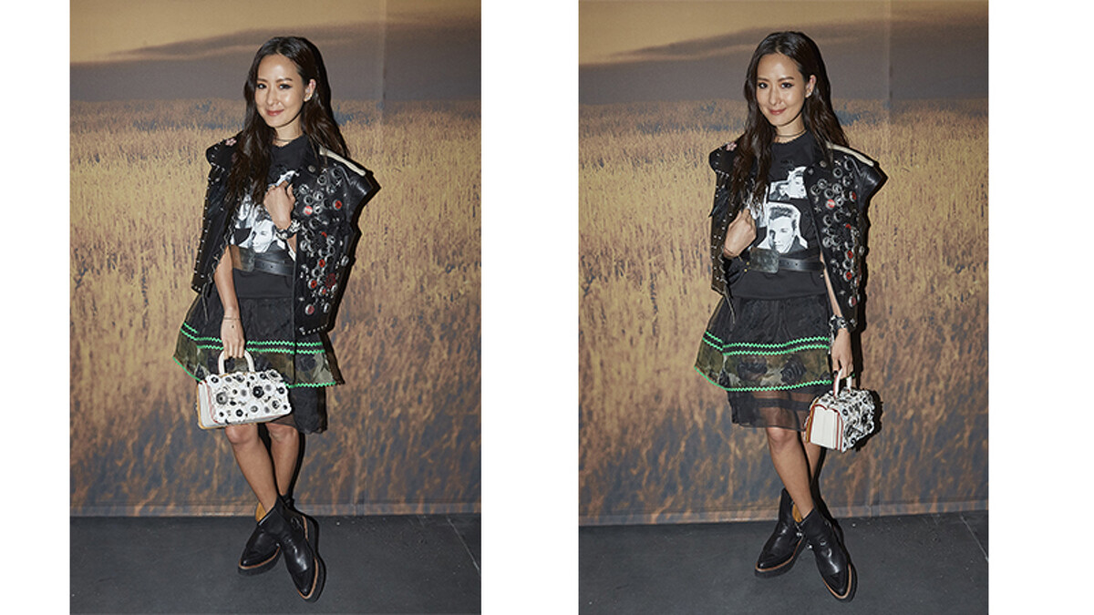 皮革背心NT66,800、Elvis圖像上衣NT14,800、印花透視短裙NT23,800、Tea Rose Double Dinky手袋NT42,800、莫卡辛厚底靴NT23,800。