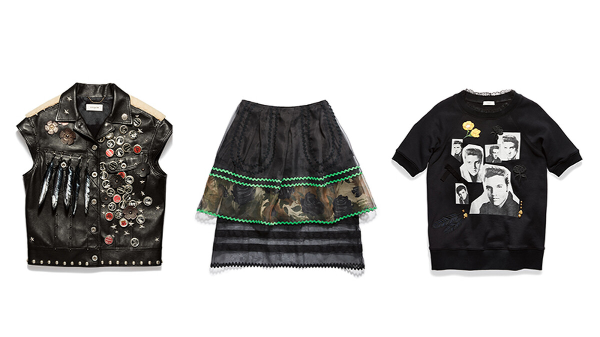 鉚釘裝飾皮革背心NT66,800、透視層疊短裙NT23,800、Elvis短袖上衣NT14,800。