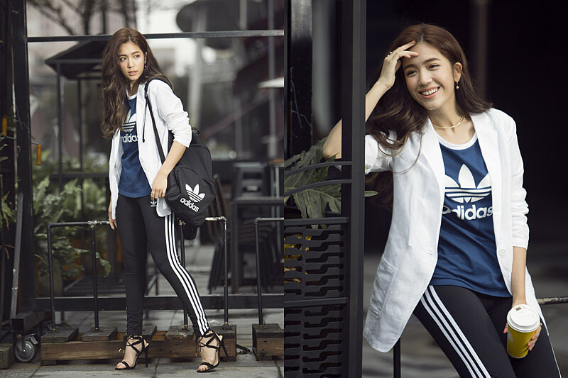 圓領T-Shirt，NTD $1,290/ Leggings，NT$1,290；以上為adidas Originals(西裝外套、高跟鞋為編輯個人私物)