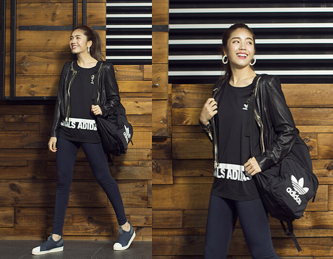 黑色T恤，NTD $1,290/ leggings，NTD $1,290/ Superstar繃帶鞋，NTD $3,290；以上皆為adidas Originals(皮夾克為編輯個人私物) 