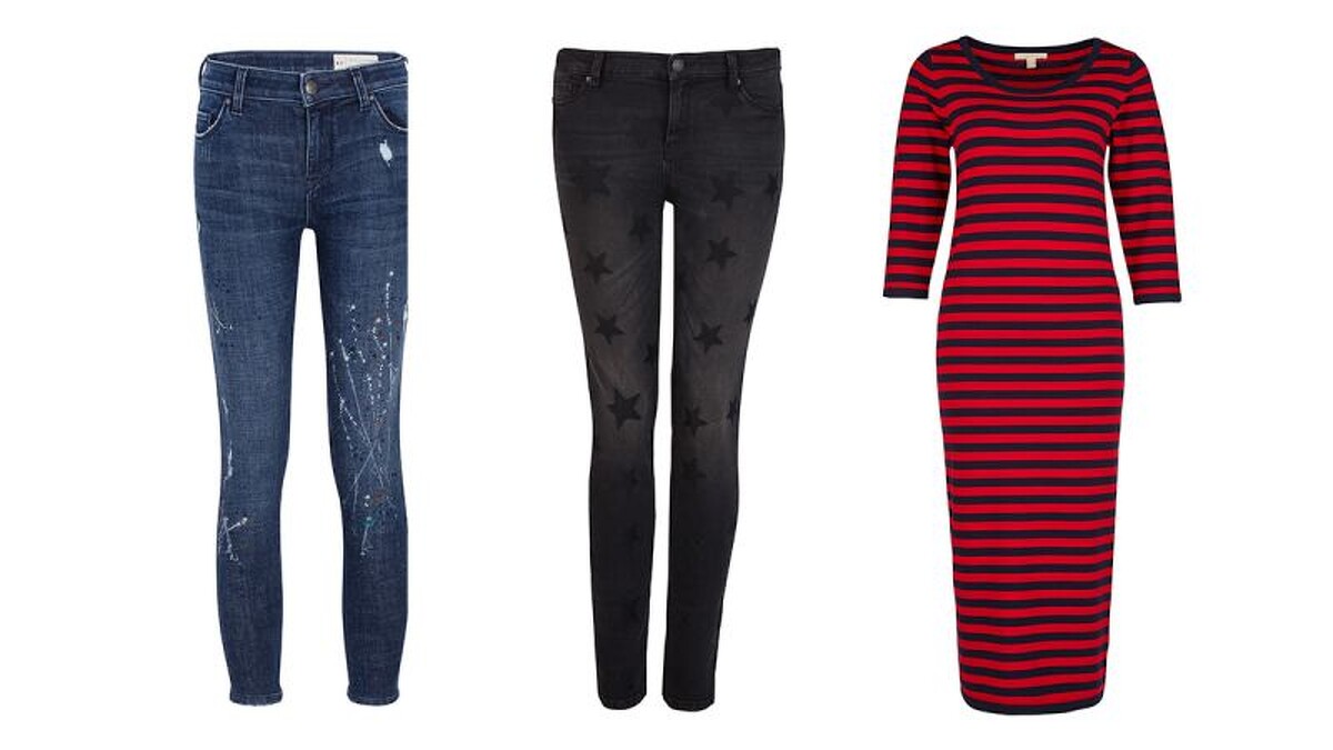 潑漆牛仔褲，NT$2990/星星圖案牛仔褲，NT$2990/條紋針織洋裝，條紋針織洋裝，NT$2490