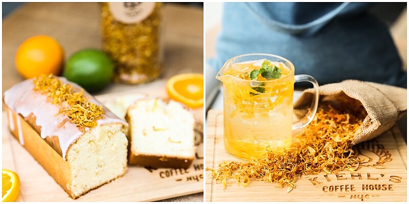 Kiehl&rsquo;s Coffee House 2017年夏季「金盞花沁涼夏日限定組」(左為金盞花香橙磅蛋糕NT130、右為金盞花薄荷氣泡飲NT140)