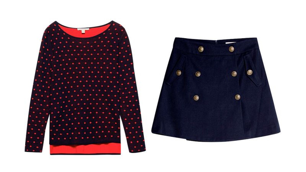 圓點針織衫，NT$2490/雙排釦短裙，NT$2490