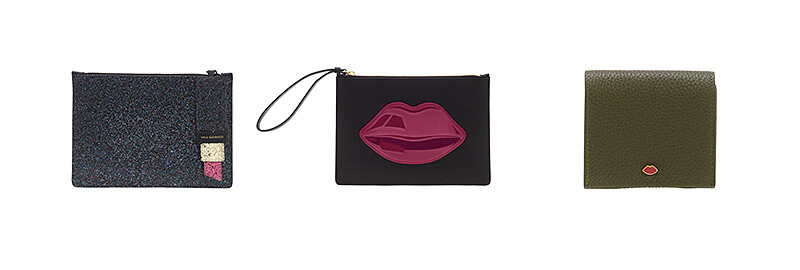 (由左至右) 口紅亮片化妝包NT5,380/ 緞面紅唇化妝包NT4,380/ 小紅唇裝飾零錢包NT4,980