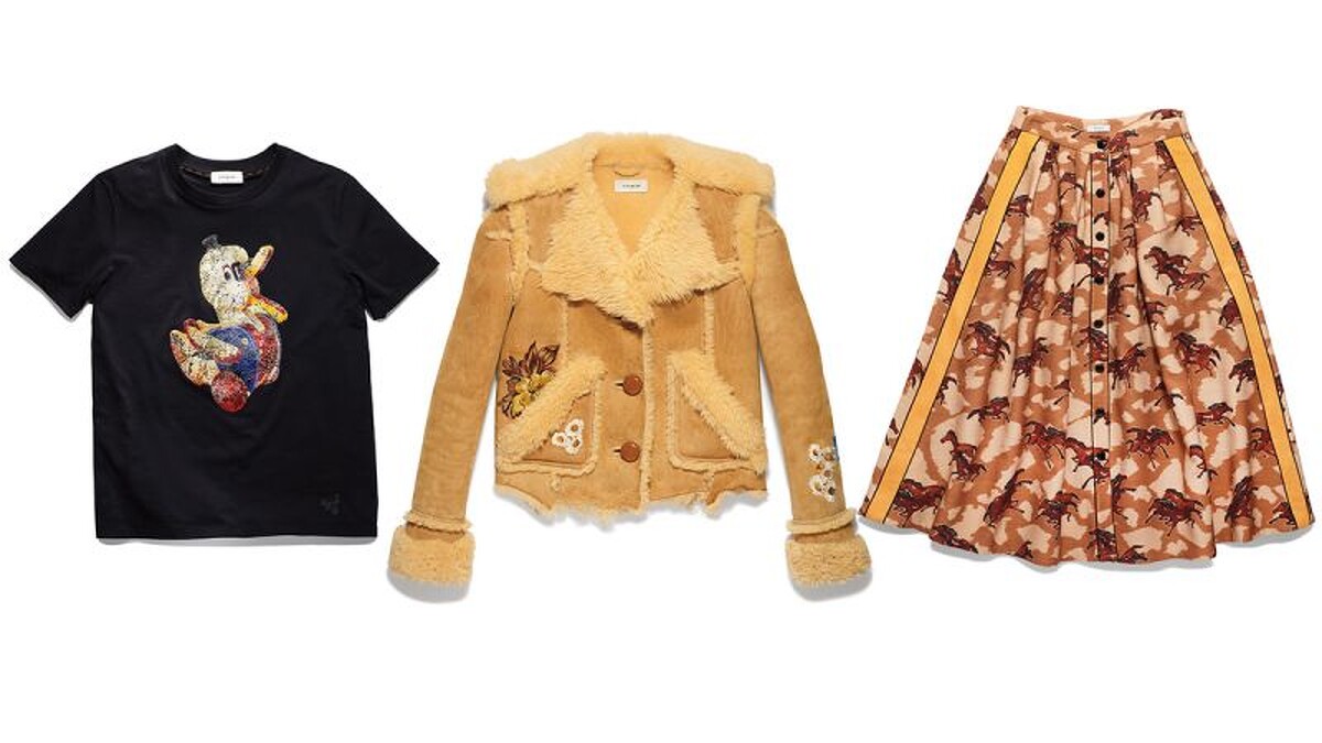 Dr. Doodle Duck珠片短袖上衣NT6,900、刺繡翻皮羊毛大衣NT98,800、草原馬兒圖騰傘裙NT29,800