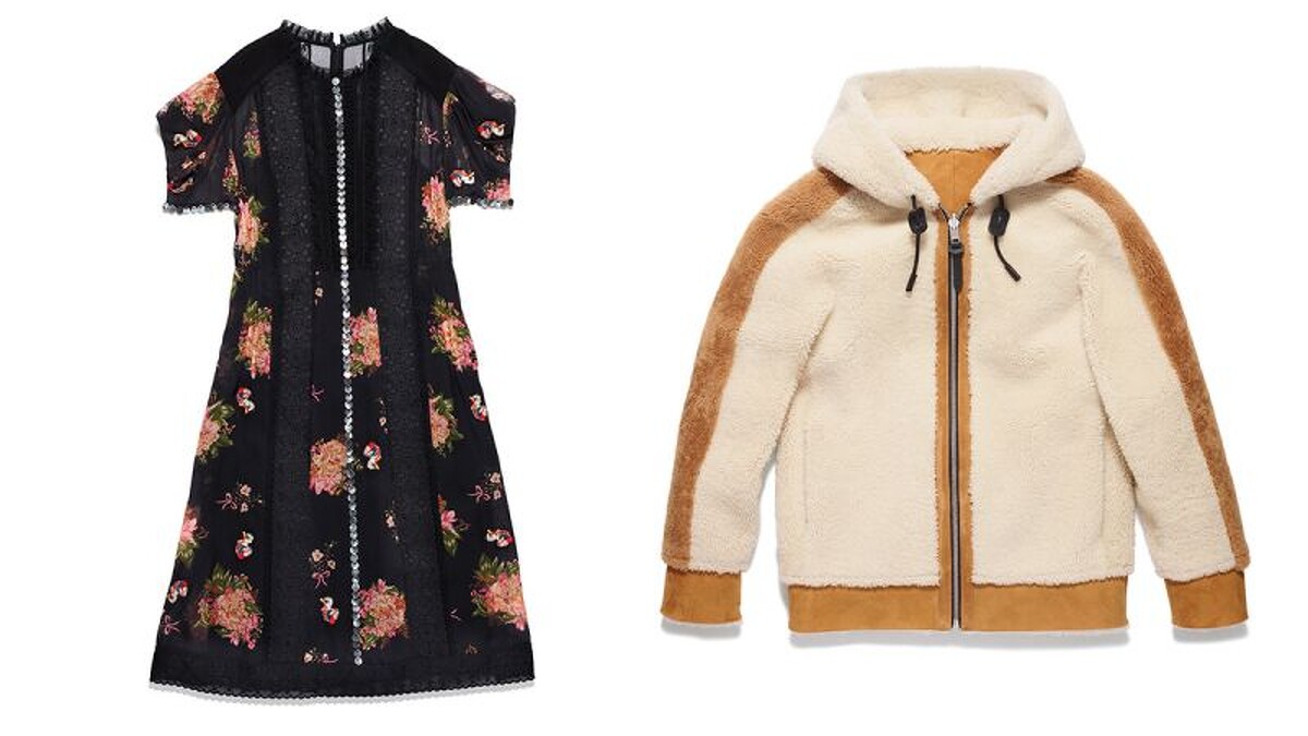 花卉圖案蕾絲雪紡洋裝NT32,800、翻皮羊毛連帽外套NT78,800。