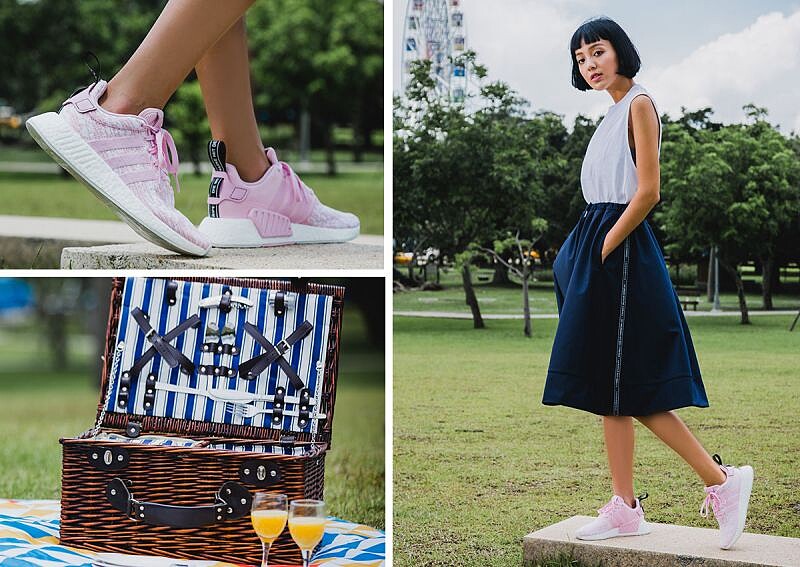 XBYO系列白色坦克背心短洋裝，NTD 1,490；NMD系列寬版裙，NTD 3,290；NMD_R2雪紡粉紅款，NTD 5,290 / all by adidas Originals