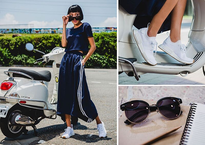 NMD系列短版T-Shirt，NTD 1,490；不規則剪裁寬裙，NTD 2,890；NMD_R1 PK全白款，NTD 6,800 /all by adidas Originals