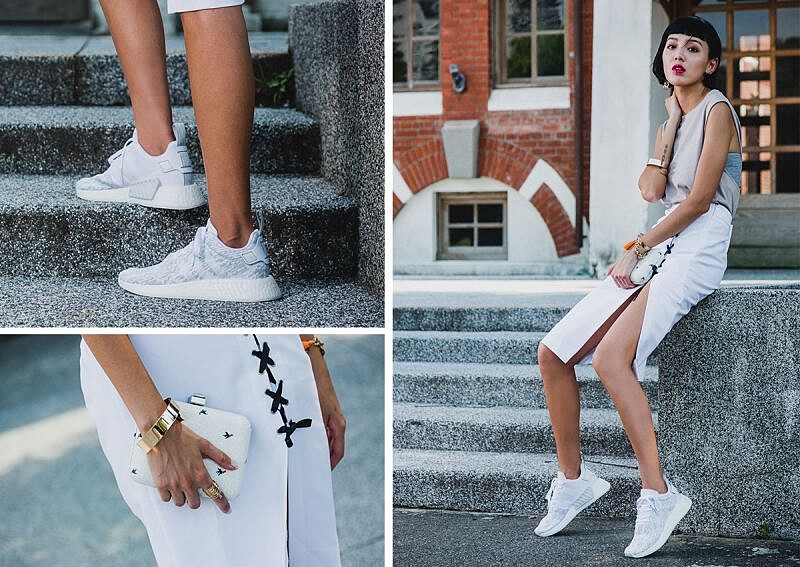 XBYO系列裸色卡其坦克背心短洋裝，NTD 1,490；NMD_R2灰白款，NTD 5,290 / by adidas Originals (裙子、包包為個人私物)