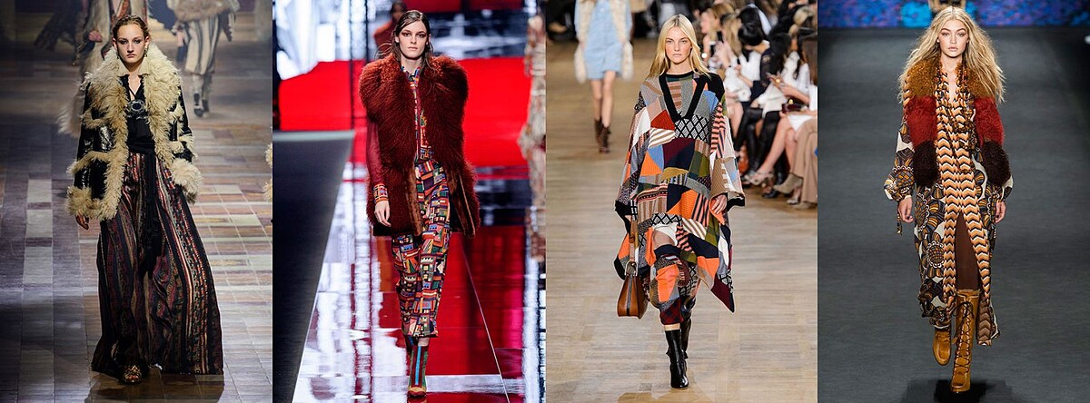 波西米亞風格品牌穿搭示範由左至右:Lanvin、Just Cavalli、Chloé、Anna Sui。